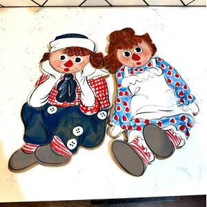 Vintage wooden hand painted Raggedy Anne and Andy wall decor set nostalgic